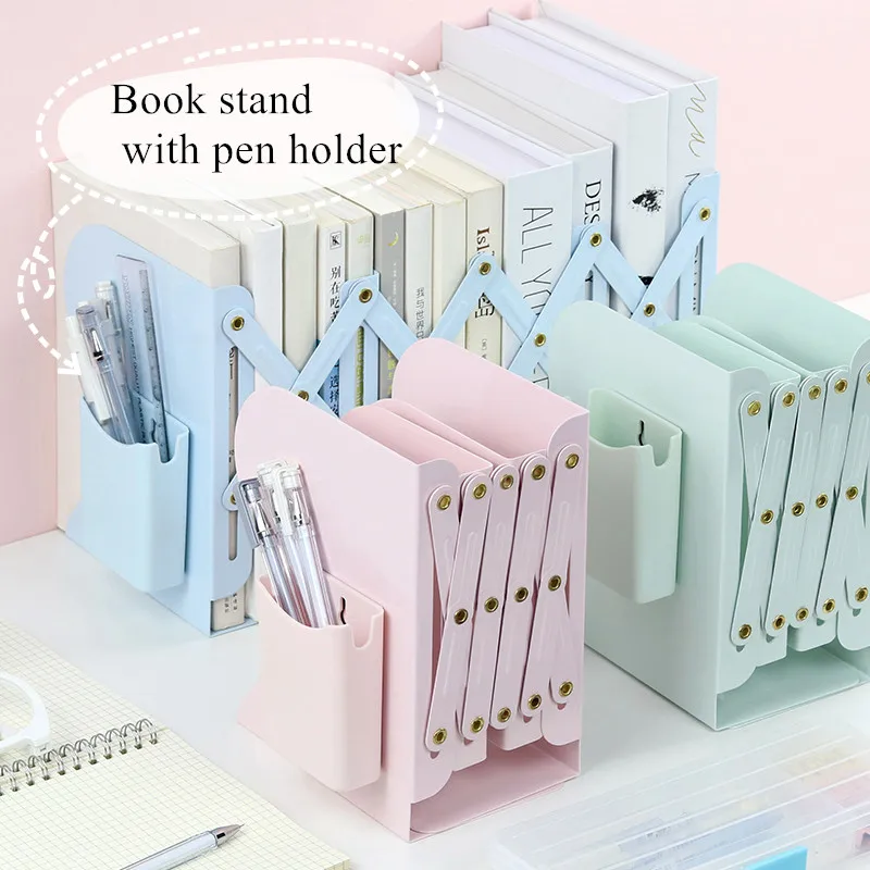 

Metal Retractable Bookends with Pen Holder Book Support Stand Holder Shelf Adjustable Bookshelf Magazine Organizer Office Supply