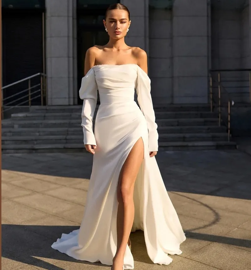 Sexy Beach Wedding Dress Off the Shoulder Beading Sequins Silt Satin Mermaid Bridal Gown Bride Dresses New Robe Mariage