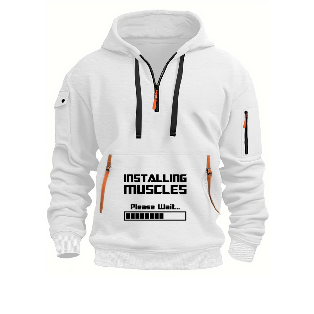 Men's installing muscle Logo Print 2025 Simple Style Half Zipper Pullover Hoodies Suitable Spring And Autumn Hooded Coat
