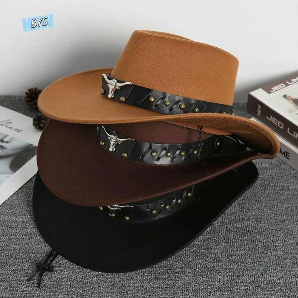 

Cool Ethnic Style Western Cowboy Hat Cow Head Roll Brim Knight Hat Polyester Solid Color Cowgirl Jazz Hat Outdoor