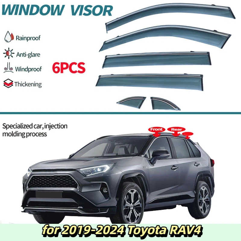

Автомобильный оконный козырек на Toyota RAV4 2019-2024 годы, оконные козырьки от дождя и дождя, ПК, шестикомпонентный дефлектор бокового окна
