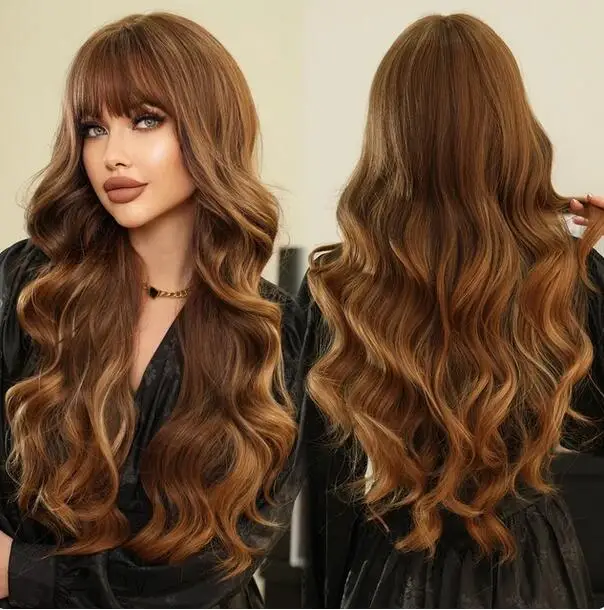 

Synthetic Loose Body Wave Brown Blonde Wigs with Neat Bangs High Density Long Wavy Hair Wig for Women Daily Use