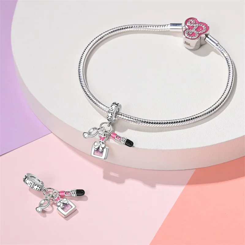 New 925 Silver Fashion Pink Princess Skirt Bag Lipstick Charms Beads Fit 3mm 925 Original Bracelet DIY Jewelry Birthday Gift