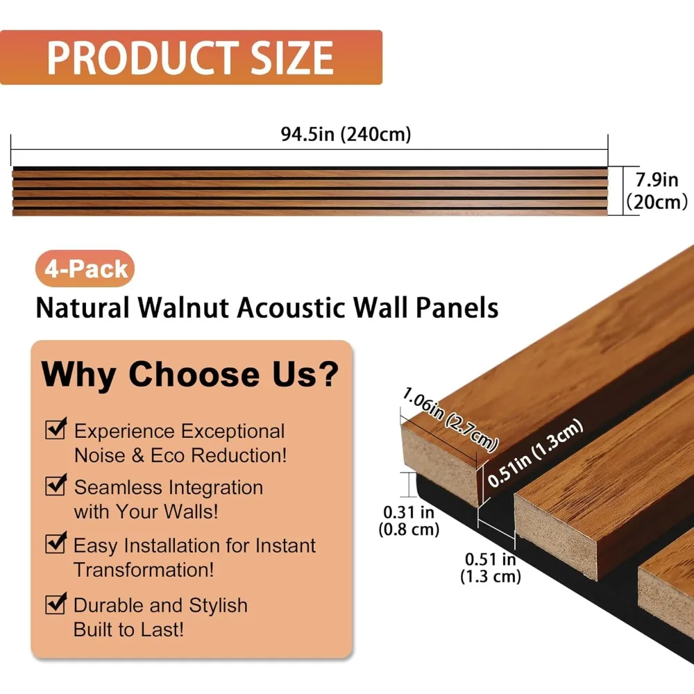 Акустические стеновые панели с планками, 4 шт. 94,5 x 7,9 дюйма, 3D рифленые звукопоглощающие панели для внутреннего декора стен, жизни