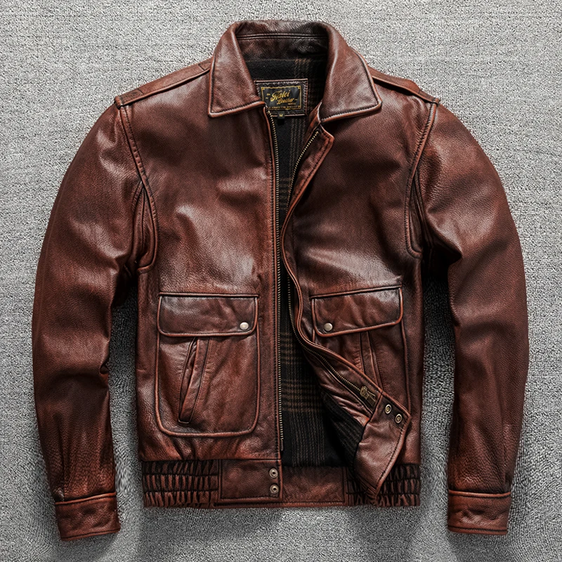 

Red Brown Winter Leather Jacket Men Vintage Style Plus Size 5XL Genuine Natural Cowhide Turn-Down Collar Flight Leather Coat