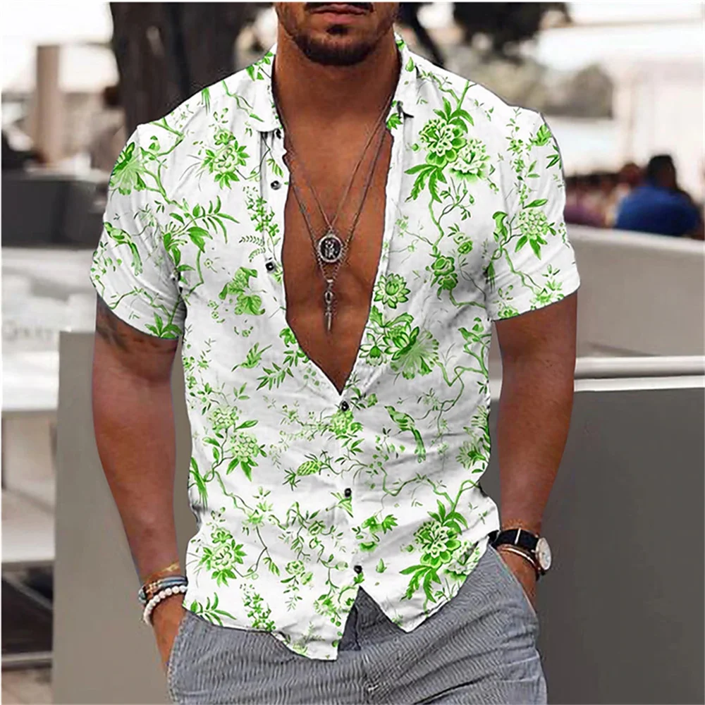 Men's New 2024 Popular Flower Print Outdoor Casual Button Flip Collar Short Sleeve Shirt Soft and Comfortable XS-6XL