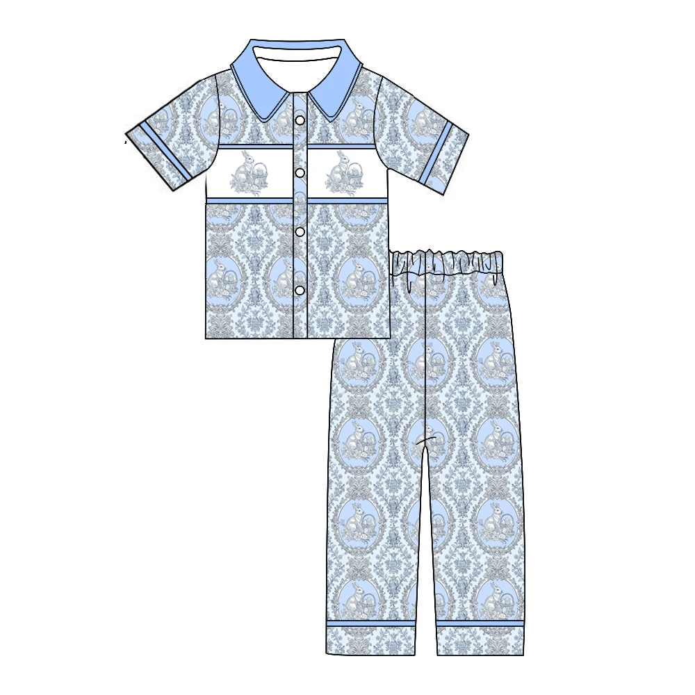 Easter Boutique Children's Suit Short-Sleeved Long Pants Girls and Boys Suit Bunny Flower Print Baby Clothing 2-Piece Set