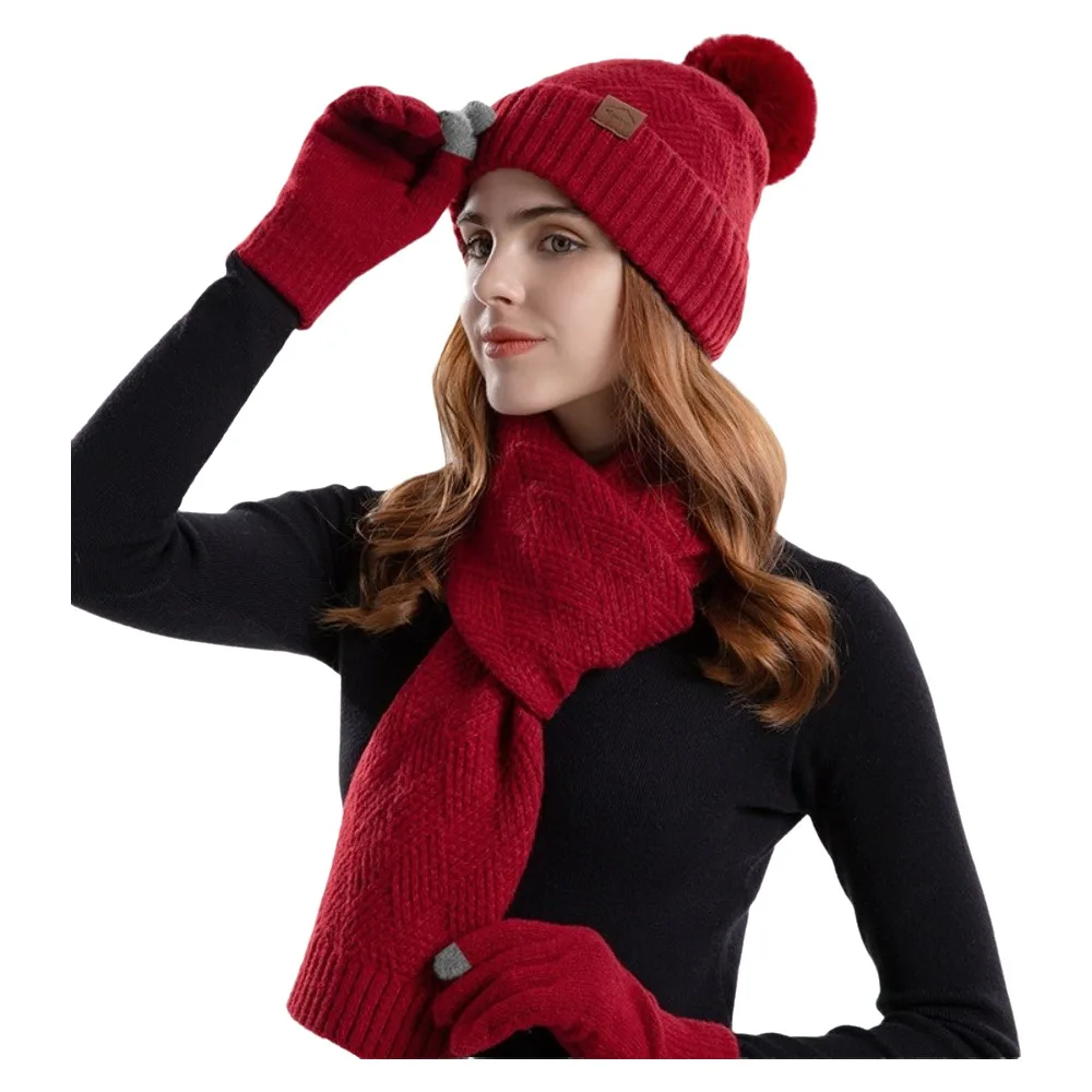 3Pcs/Set Warm Winter Hat Scarf Gloves Set Lining Thicken Knit Beanie Snood Set Soft Windproof Touchscreen Gloves for Men Women