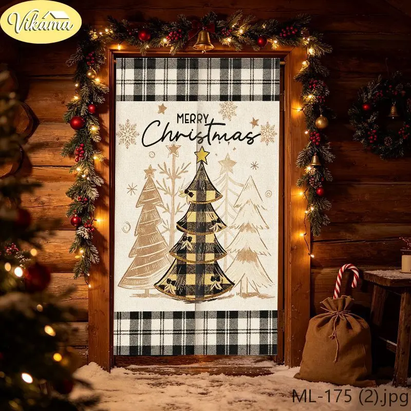 VIKAMA Christmas Half Length Curtain Black White Checkered Christmas Tree Fabric Curtain Christmas Themed Cozy Home Decor