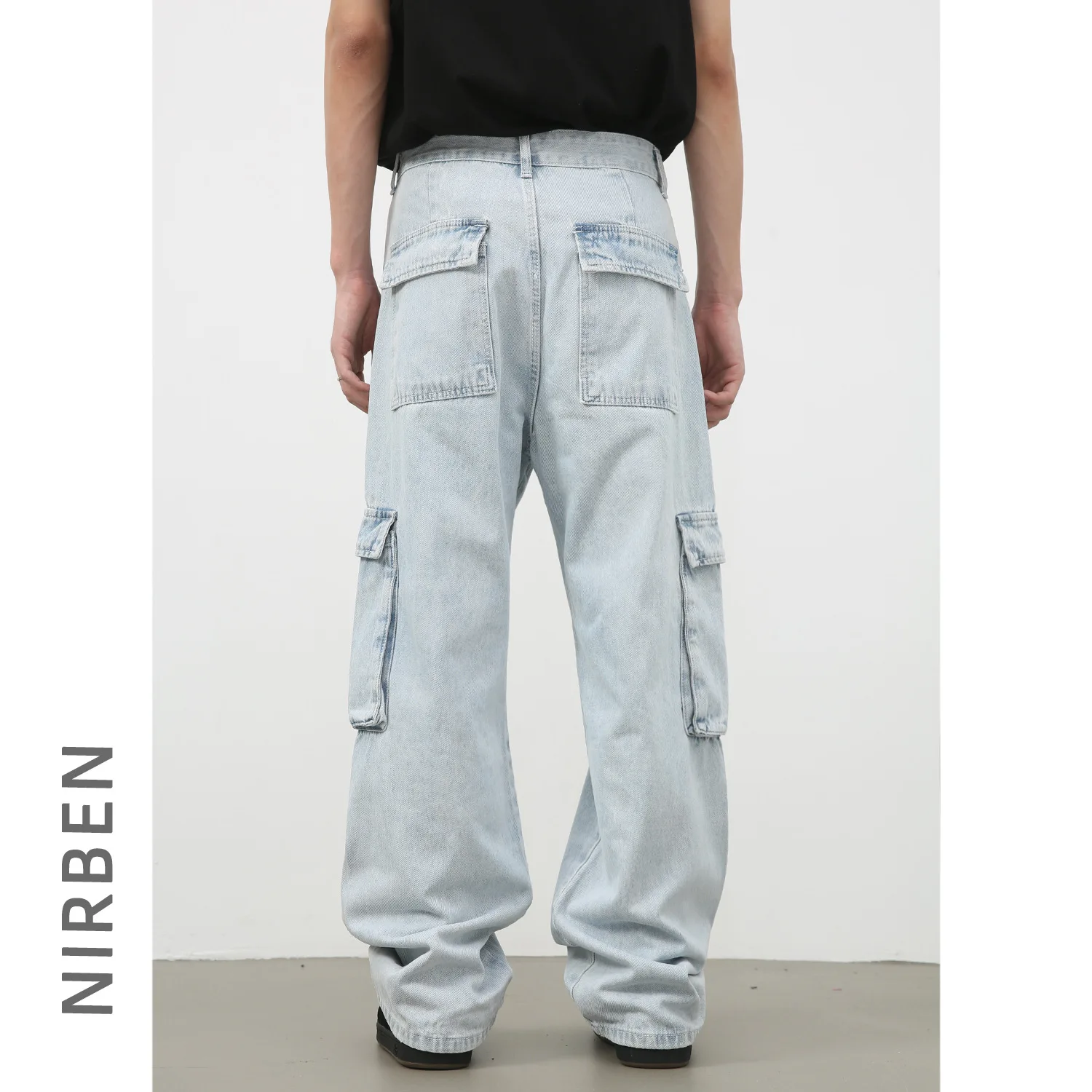 Retro Washed Light Blue Tooling Jeans Men's Trendy Brand Loose Straight Wide-leg Pants Trousers