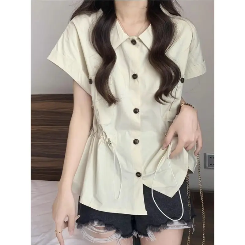 Fashion Safari Style 2024 Summer New Shirts Women\'s Solid Waist Retraction Drawstring Pockets Button Short Sleeve Casual Blouses