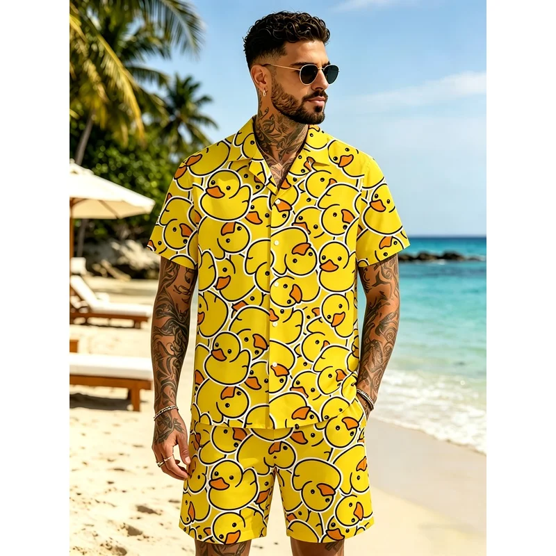 Men's Summer2Cartoon duck print beach shirt and shorts set