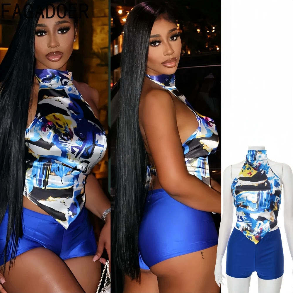 

FAGADOER Sexy Print 2 Piece Sets Woman Outfit Halter Sleeveless Backless Crop Top and Shorts Matching Suit Female Streetwear New