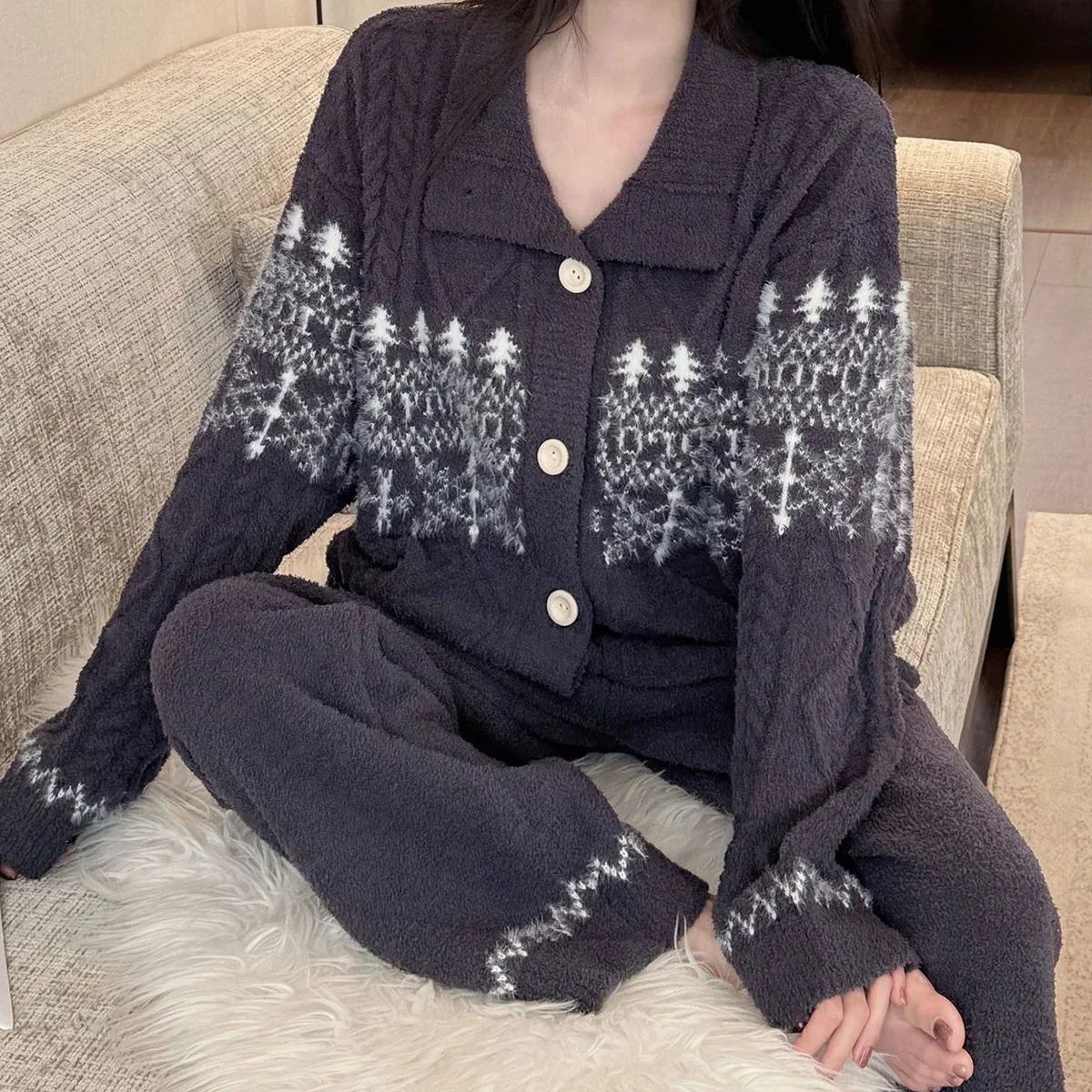 2Pcs Loose outerwear Flannel Women Autumn Winter Thick Warm Home Suit Set Cardigan Sweater Outside Loose Coral Fleece Pajamas