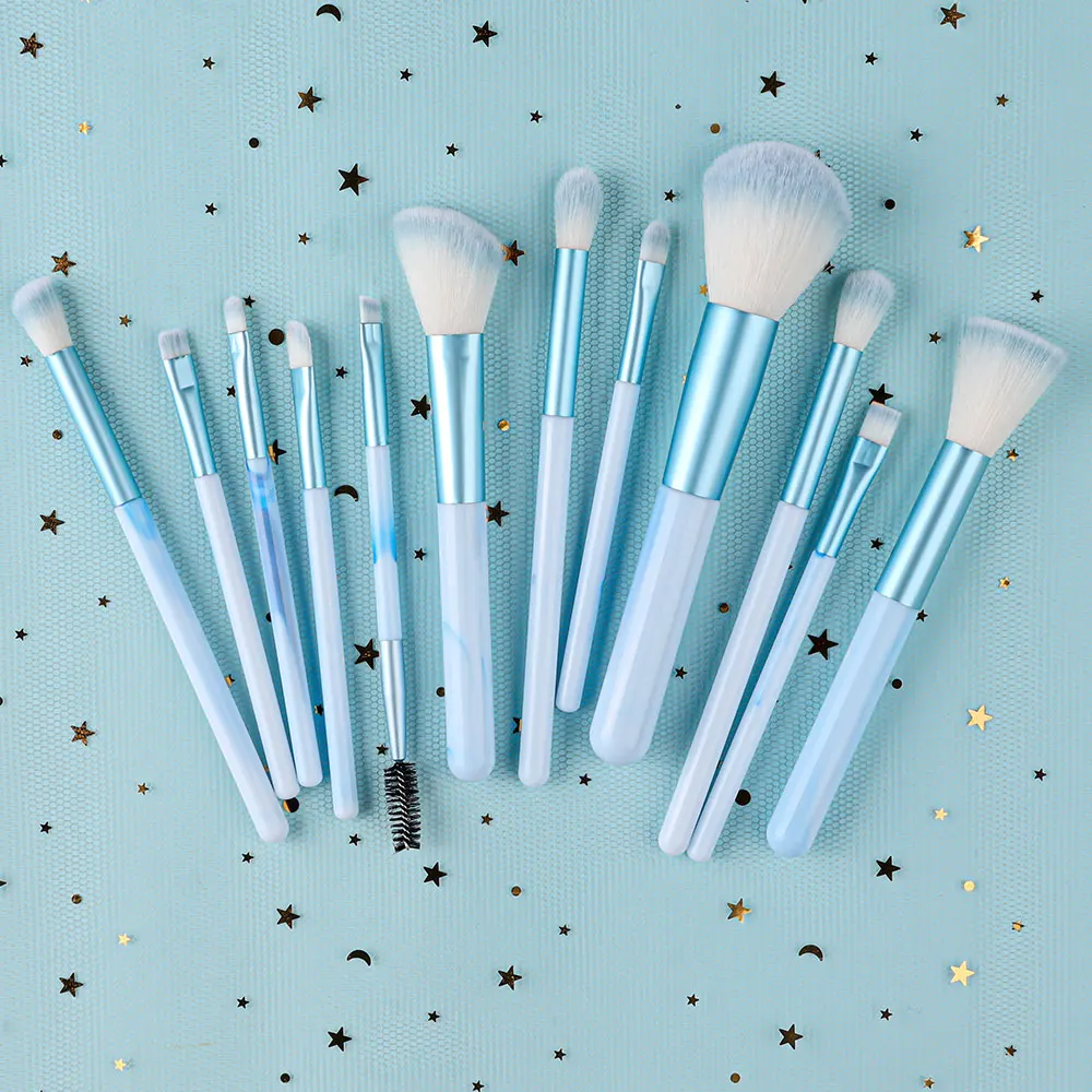 12 pezzi set di pennelli per trucco blu morbido e soffice dettaglio correttore fard in polvere ombretto evidenziatore fondotinta strumento di bellezza per le donne
