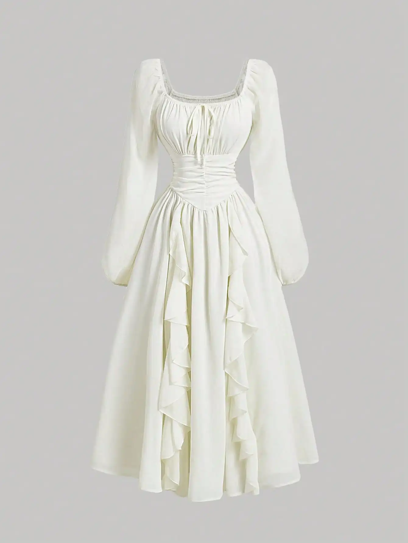 

Cream Ruffled Lantern Sleeve Square Neck Midi Dress