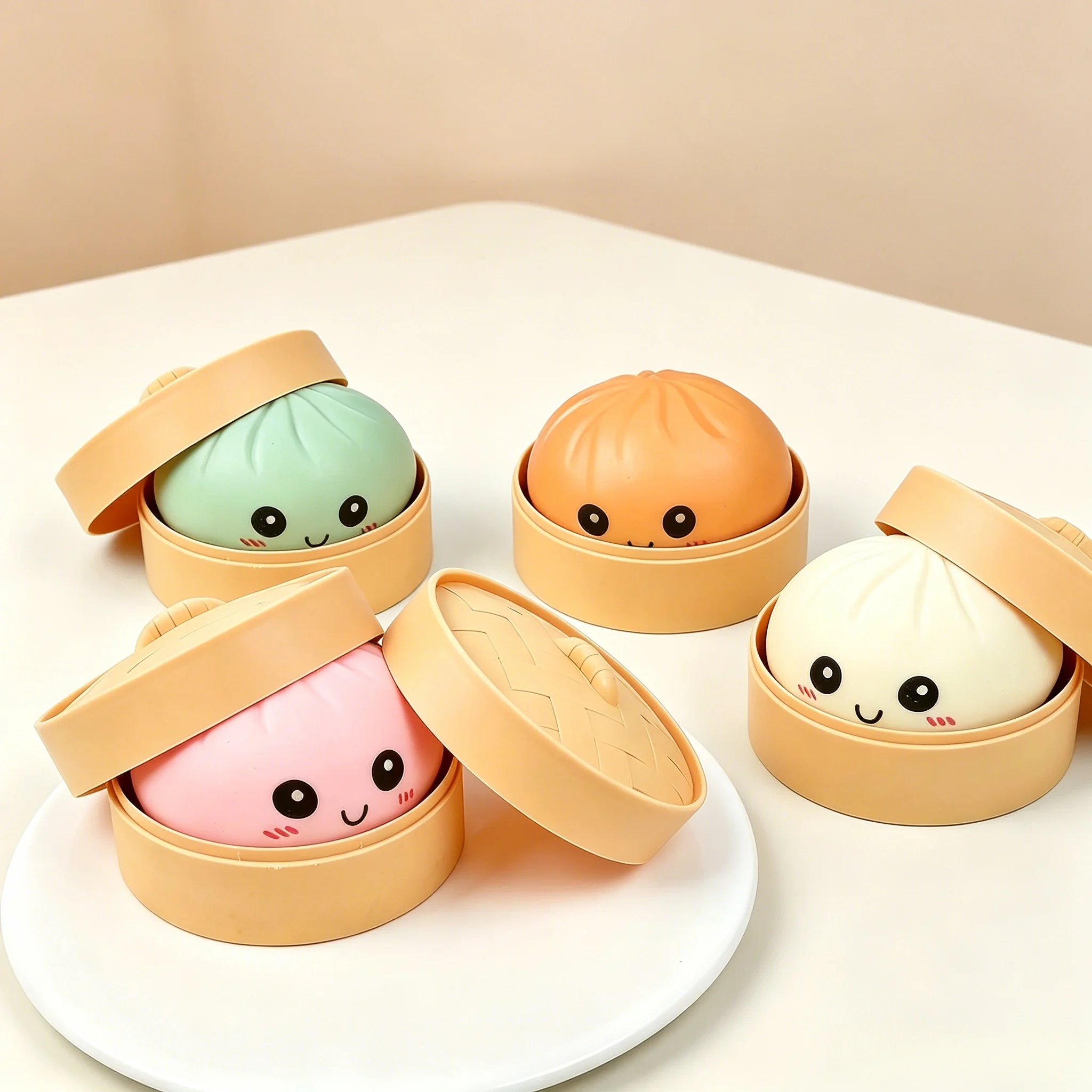 Simulation Steamed Bun Squishy Pinch Fidget Toy Soft Slow Rebound Tension Relief Ball with Bamboo Steamer Box Anti-Stress Toy