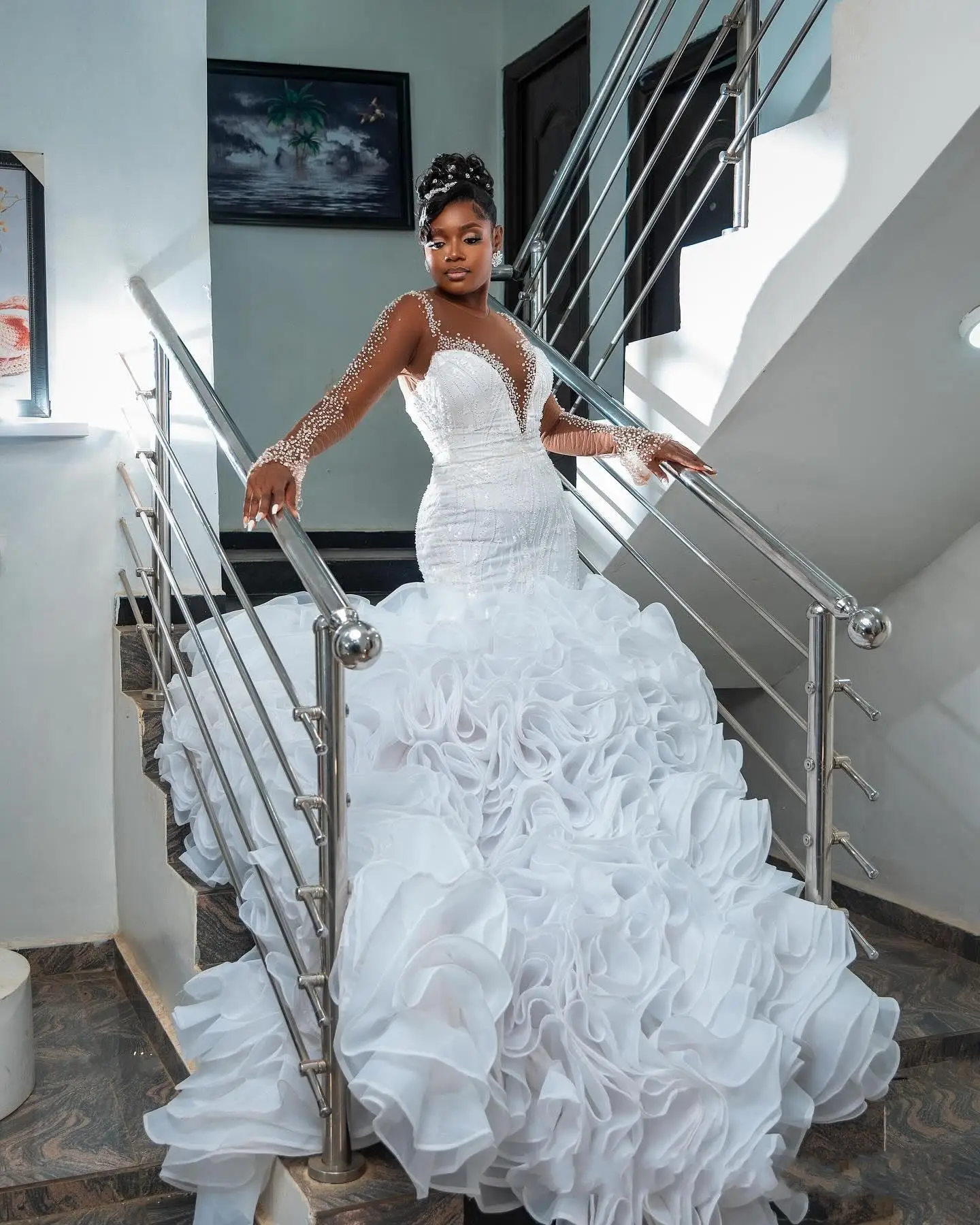 Customized Sheer Neck Beads Sequins Mermaid Wedding Dress  Vestido De Casament Full Sleeves  Luxury Cascading Ruffle Bridal Gown