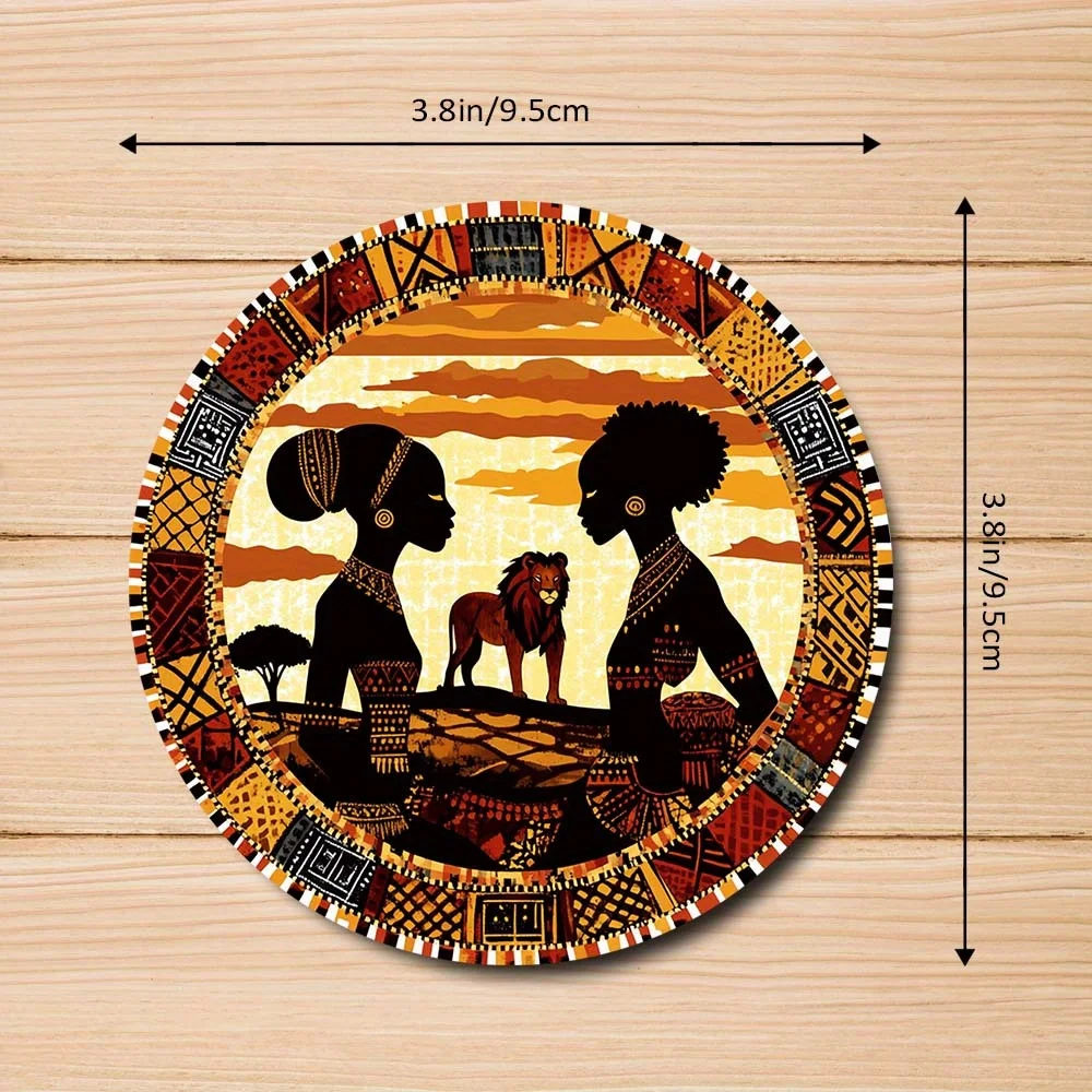 6 Pack African Tribal Style Wooden Coaster with Cork Mat, 2D Printing African Savannah Sunset with Lioness Silhouette Art