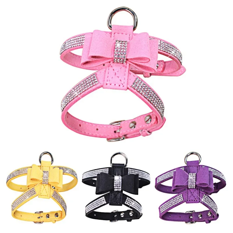 2021 Leather Dog Collar Leash Collar Pet Dog Puppy Lead Leash Harness Walking Chest Strap Bling Rhinestone Bow Knot Pets Leashes