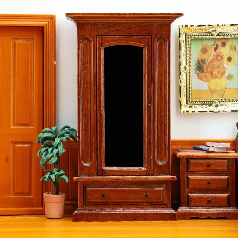 

1 Piece 1:12 Miniature Scene Cabinet Dollhouse Mini Solid Wood Wardrobe With Mirror Bedroom Furniture DIY Accessories
