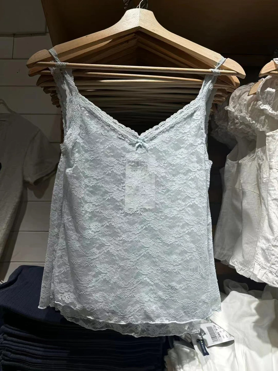 Blue Lace Sexy Transparent Tank Tops Summer Bow V Neck Sleevless Slim Thin Camis Vests Women Vintage Solid Sweet Mesh Crop Top