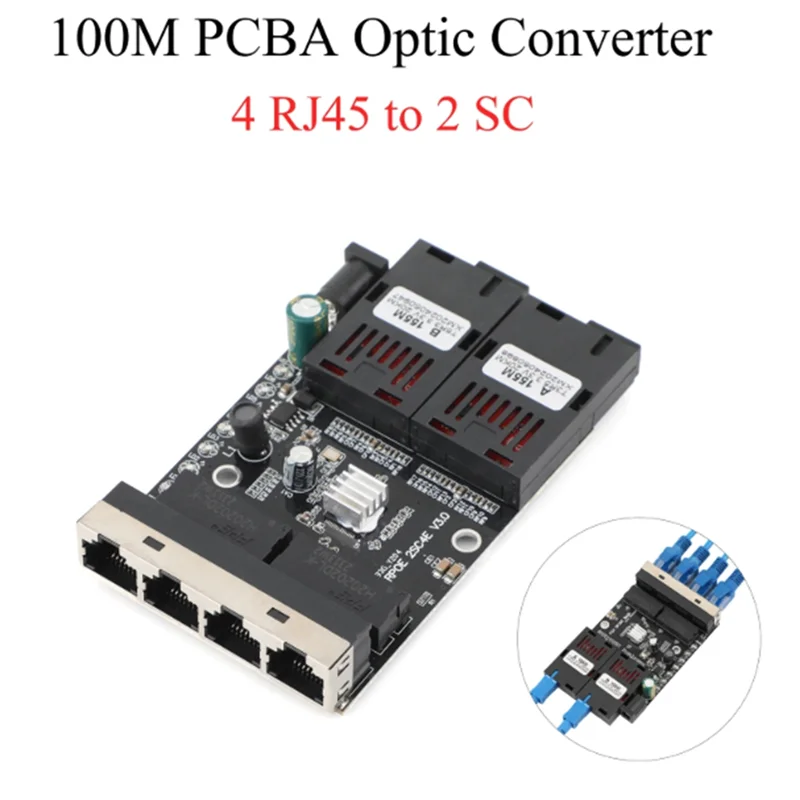 Оптоволоконный медиаконвертер 100 м 4 RJ45 To2 SC A + B Оптический разъем Оптоволоконный медиаконвертер
