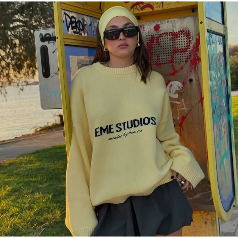 

Female New Elegant Casual Street Autumn Holiday Sweaters Round Neck Long Sleeve Loose Knitted Tops Women's Yellow Letter Sweater
