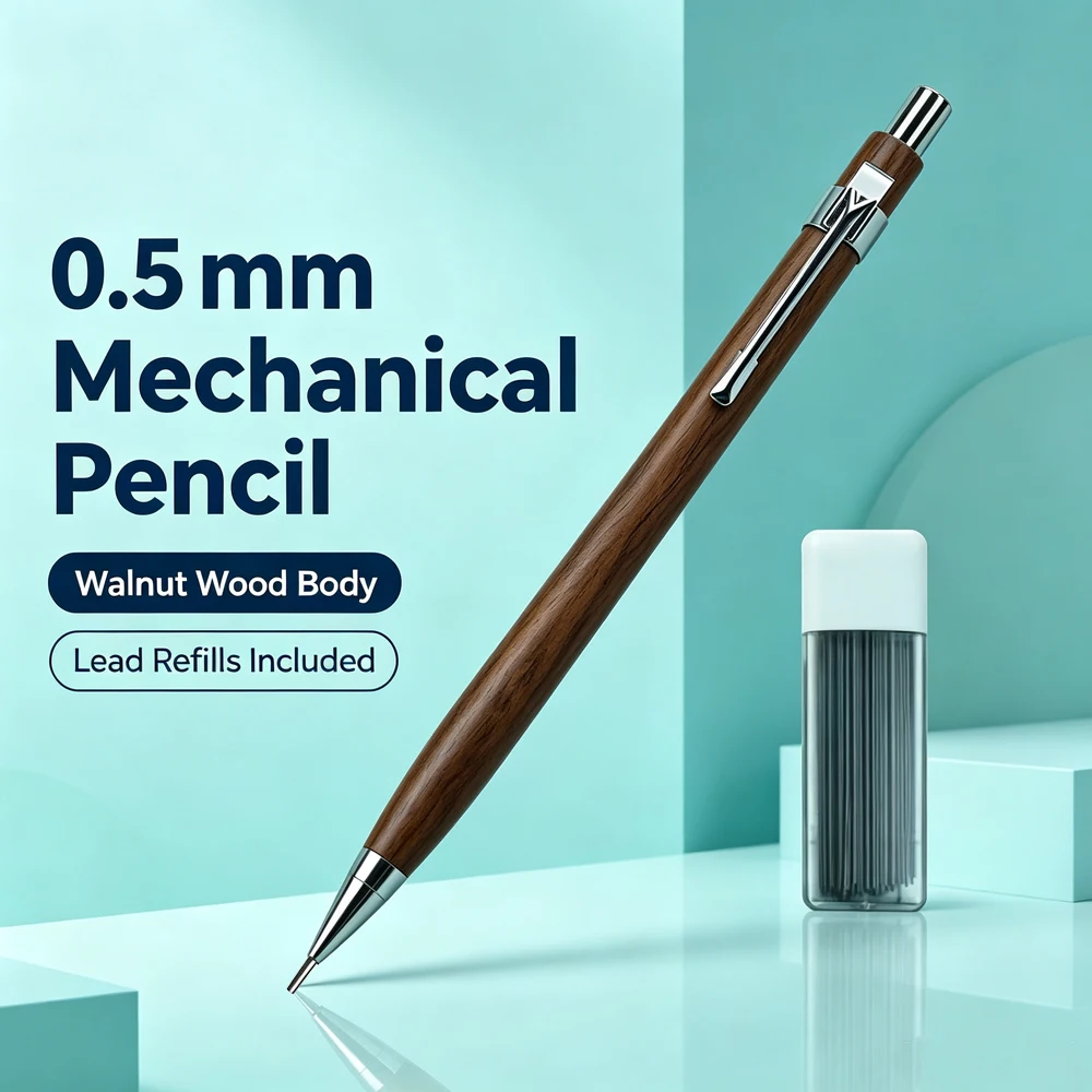 Vintage Walnut Wooden Mechanical Pencil Set 0.5mm HB Lead Refills Metal Clip Automatic Sketch Pencil Gift for Artist Stationery