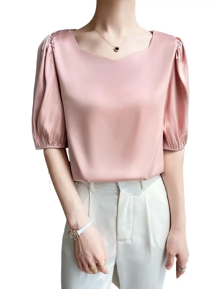 

Elegant Momi Silk Crepe Satin Blouses Brand Quality Luxury Women Puff Mid Sleeve Shirt Business Ladies Square V-Neck Top S-5XL