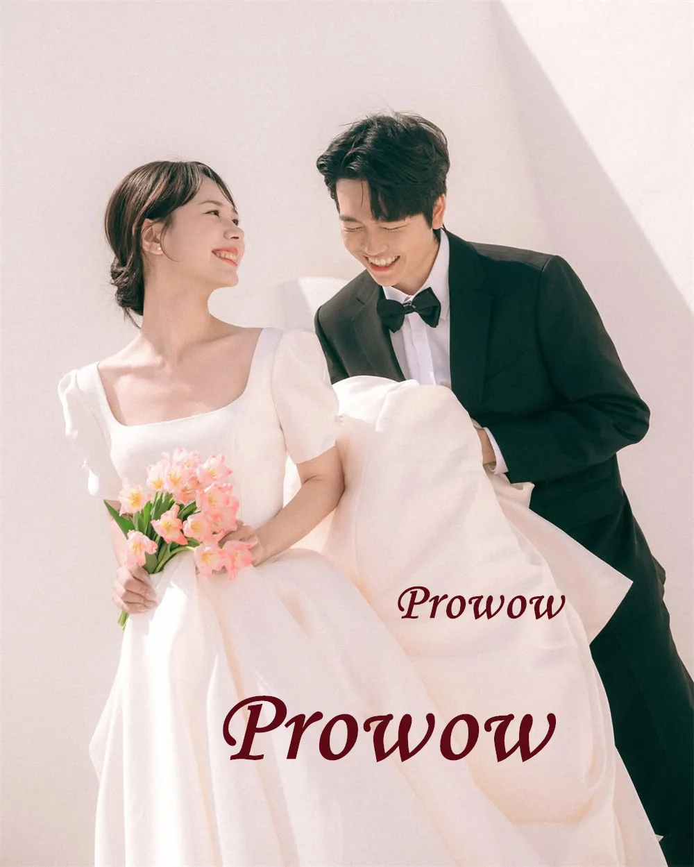 

Prowow Simple Square Collar A Line Wedding Dresses Short Sleeves Floor Length Bridal Gowns Korea Photoshoot Zip Back Customized