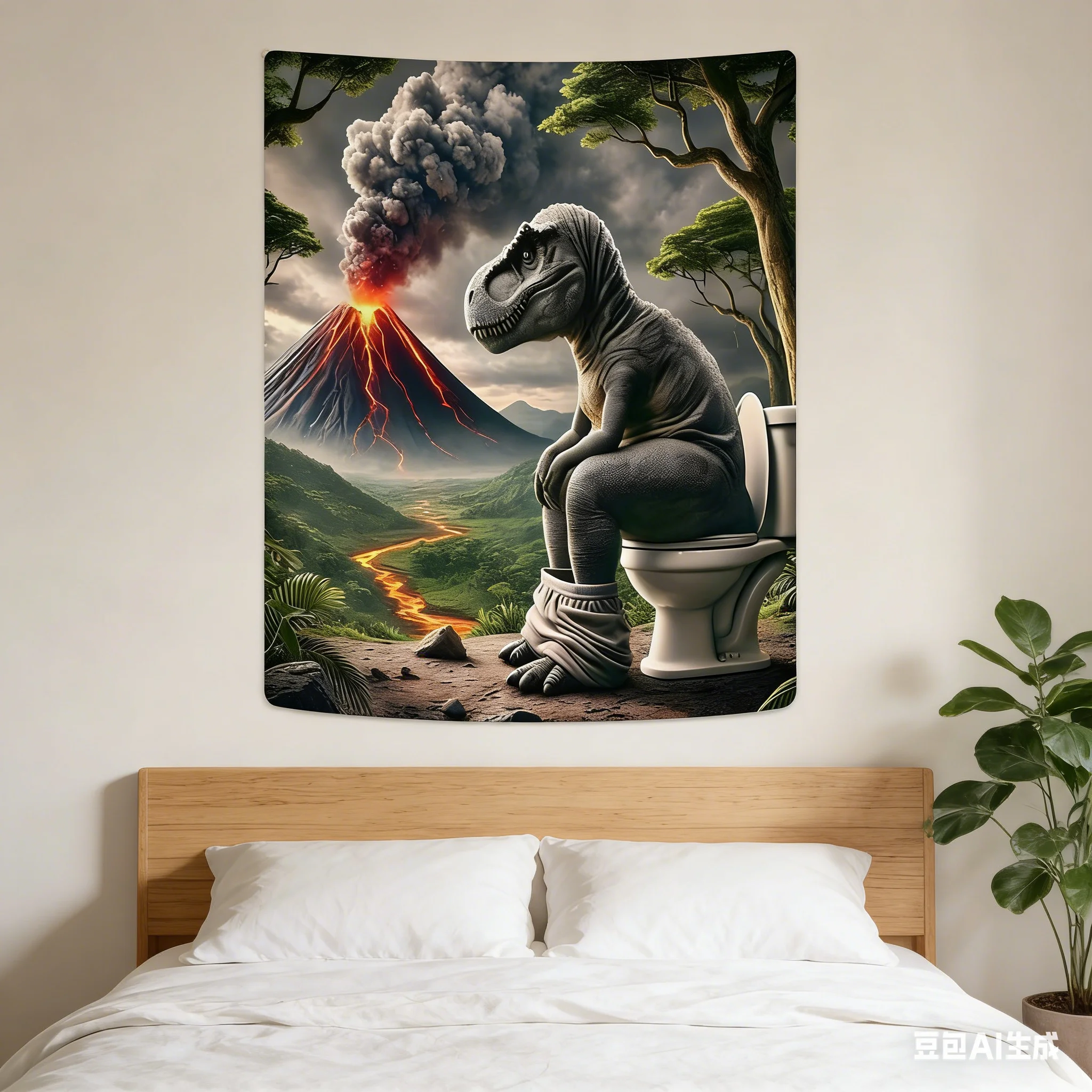 Dinosaur Toilet Volcano Tapestry Multiple Sizes Digital Print Absurd Surreal Meme Polyester Living Room Bedroom Party Decor