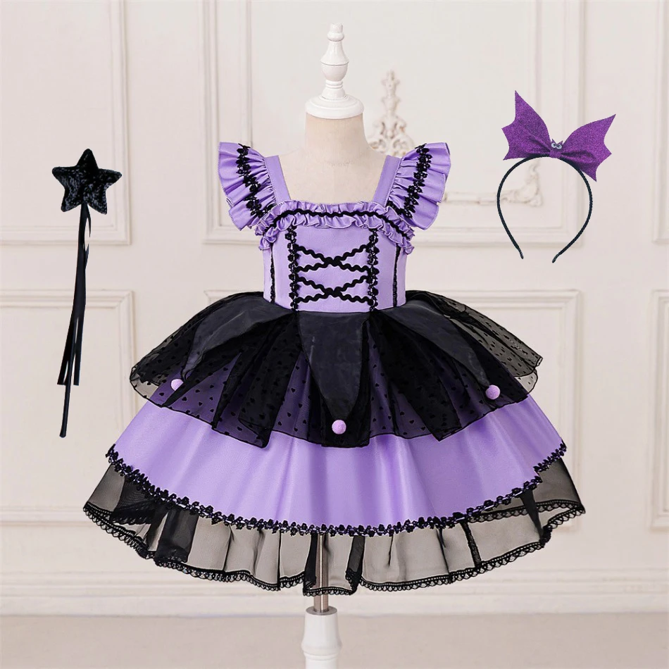 Girls Purple Lolita Cosplay Dress Black Heart Tulle Layered Cake Skirt Kids Halloween Carnival Birthday Party Kuromi Dress ASQ03