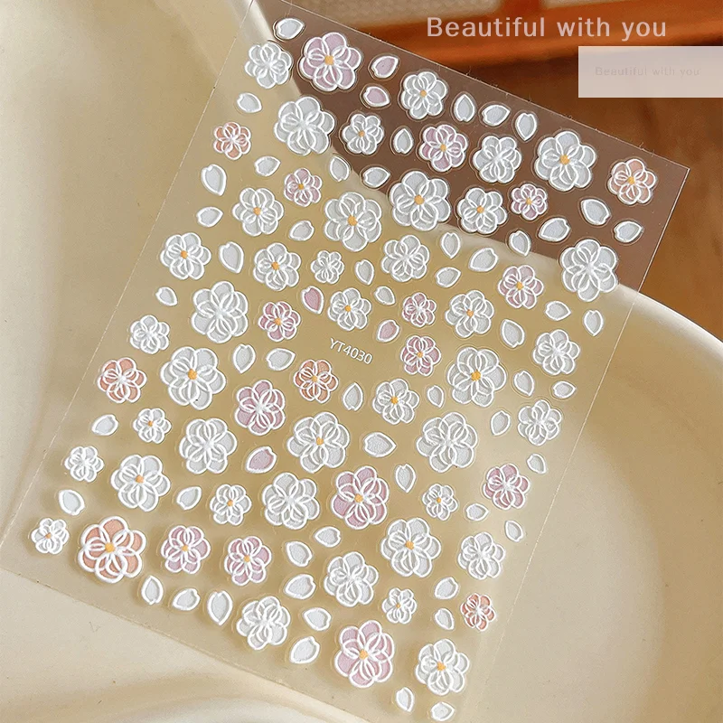 

PVC Pink White Floral Nail Sticker Flower Bud Embossed Nail Art Sticker Blossom Self-adhesiver Nail Decor DIY Manicure Salon