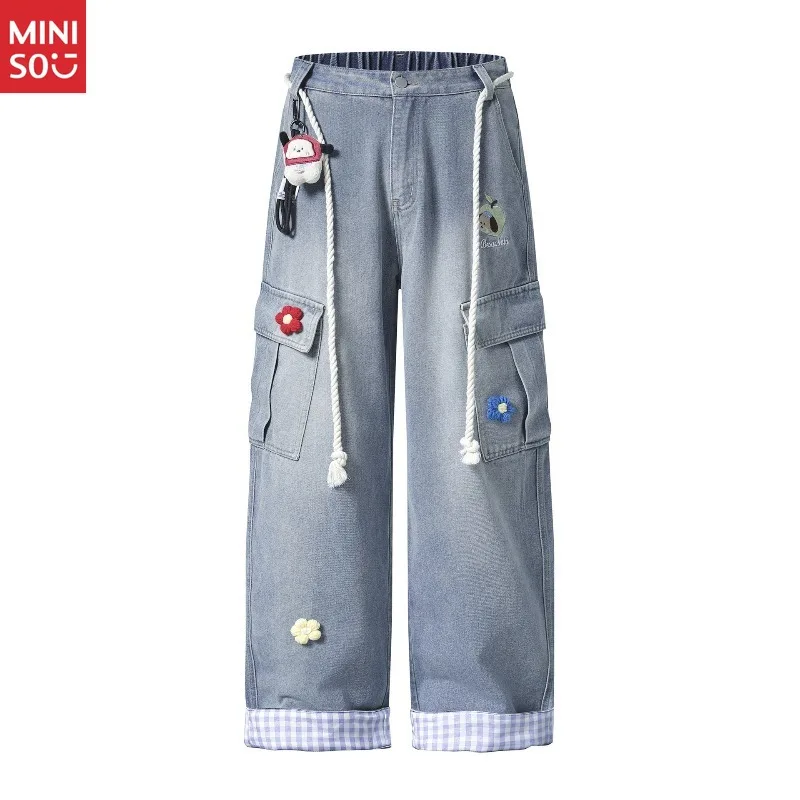 Miniso الأمريكية الرجعية انفصال الرباط الأزهار التطريز مستقيم الساق السراويل للجنسين فضفاض الكلب قلادة واسعة الساق #1