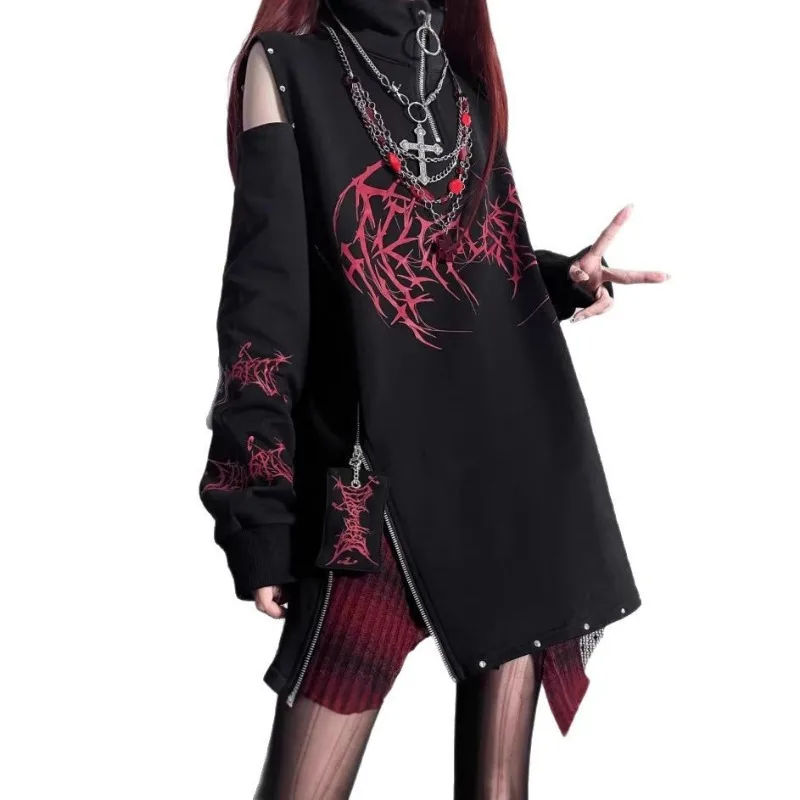 

2026 New Vintage Black Printing Punk T-Shirt Women's Harajuku Off Shoulder Grunge Tops Retro Oversized Y2k Aesthetic Zipper Tees