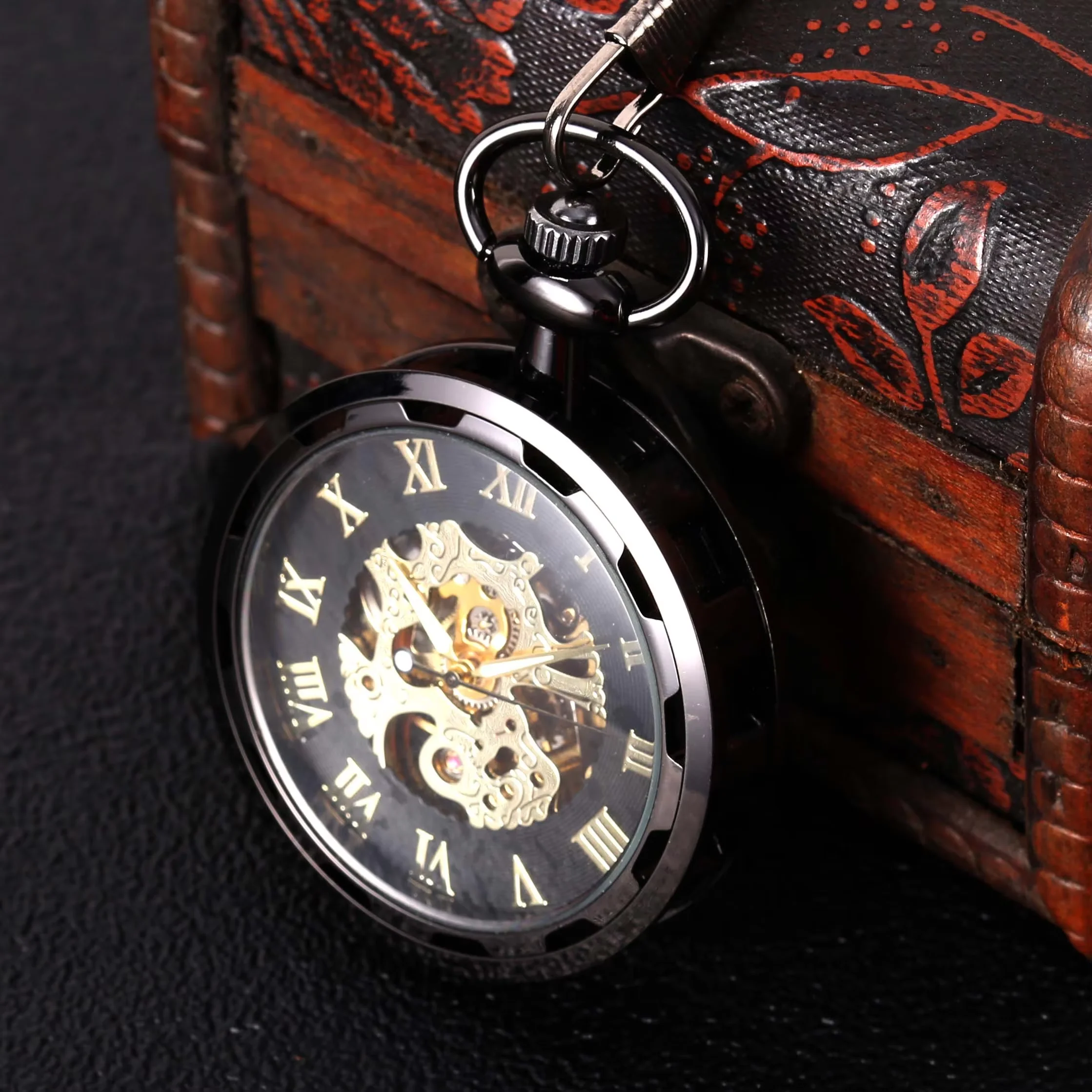 8938Black carved transparent glossy Roman scale mechanical large pocket watch