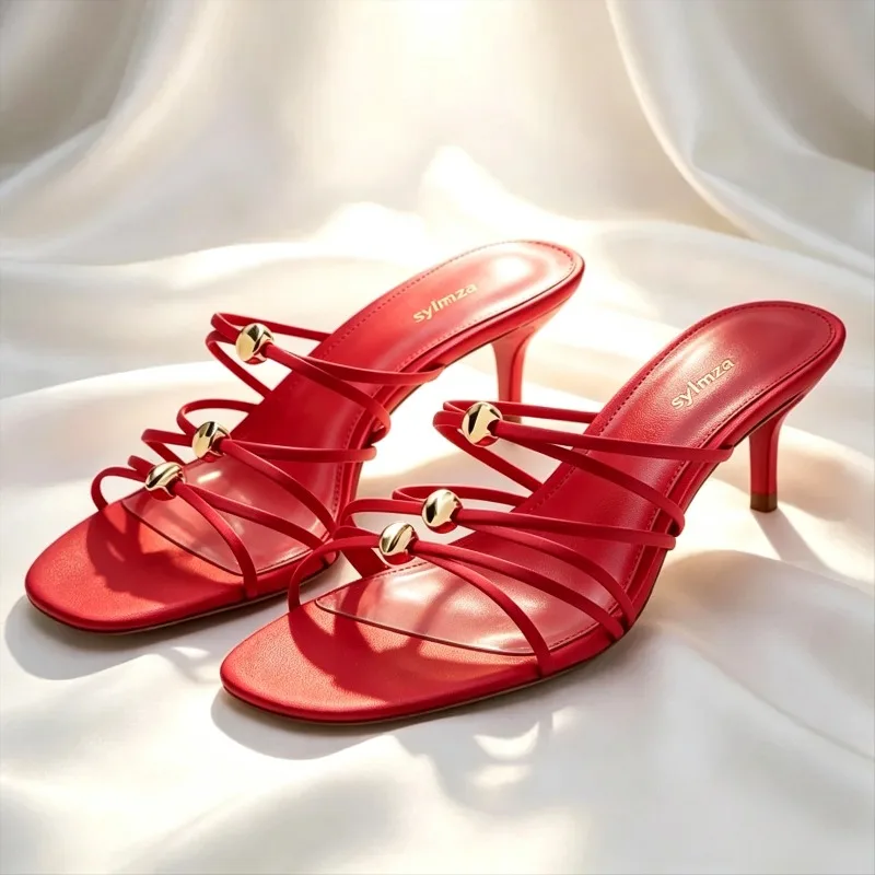Red Satin Cross Tied Mule Sandals for Women Luxury Metal Ball Detail Slide Sandals Elegant Round-toe Kitten-heel Designer Shoes