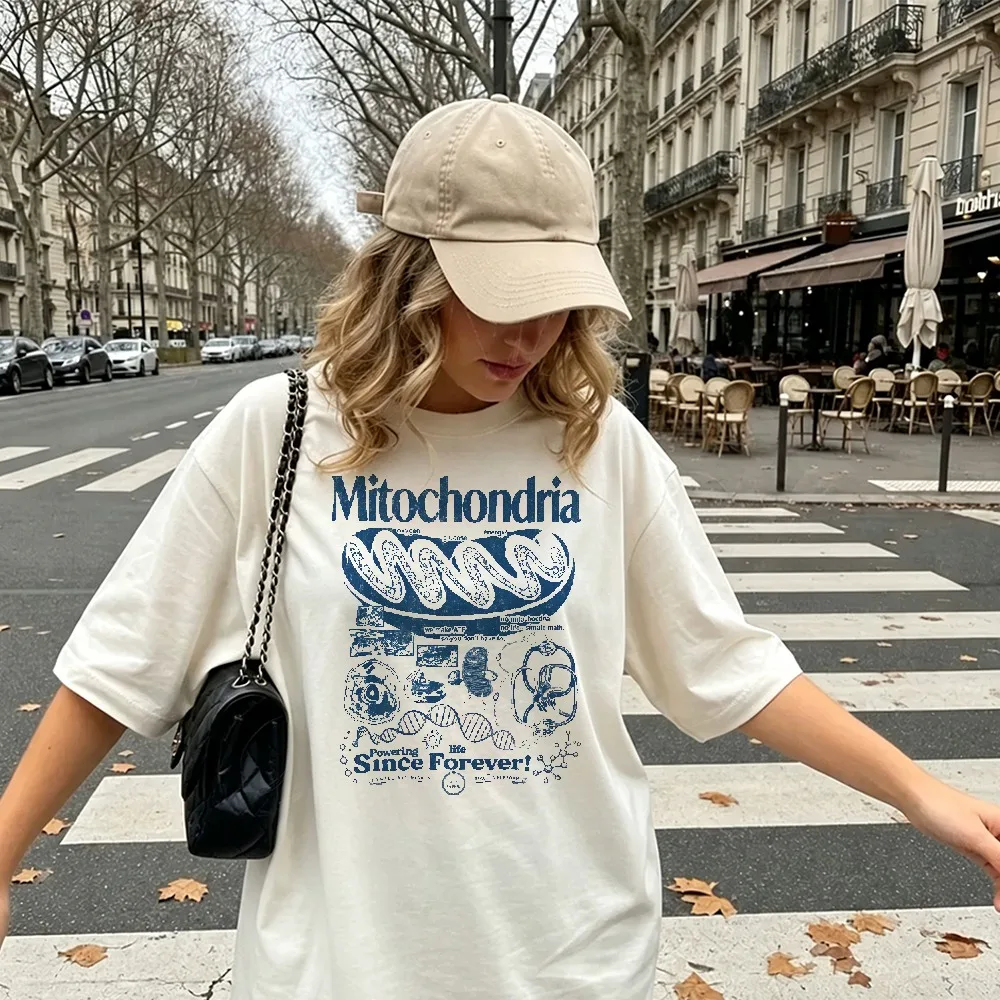 Mitochondria Powering Life Since Forever Vintage Biology Cell DNA Diagram Graphic Tees Women Casual Science Teacher Student Tops