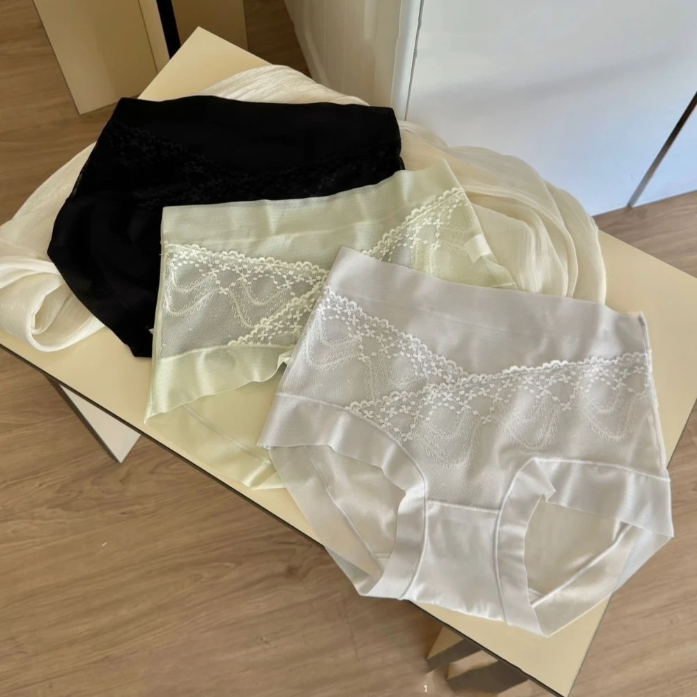 

Elastic Mid Waist Lace Mesh Panties Thin See Through Ice Silk Briefs Lingerie Underpants Underwear for Women Daily