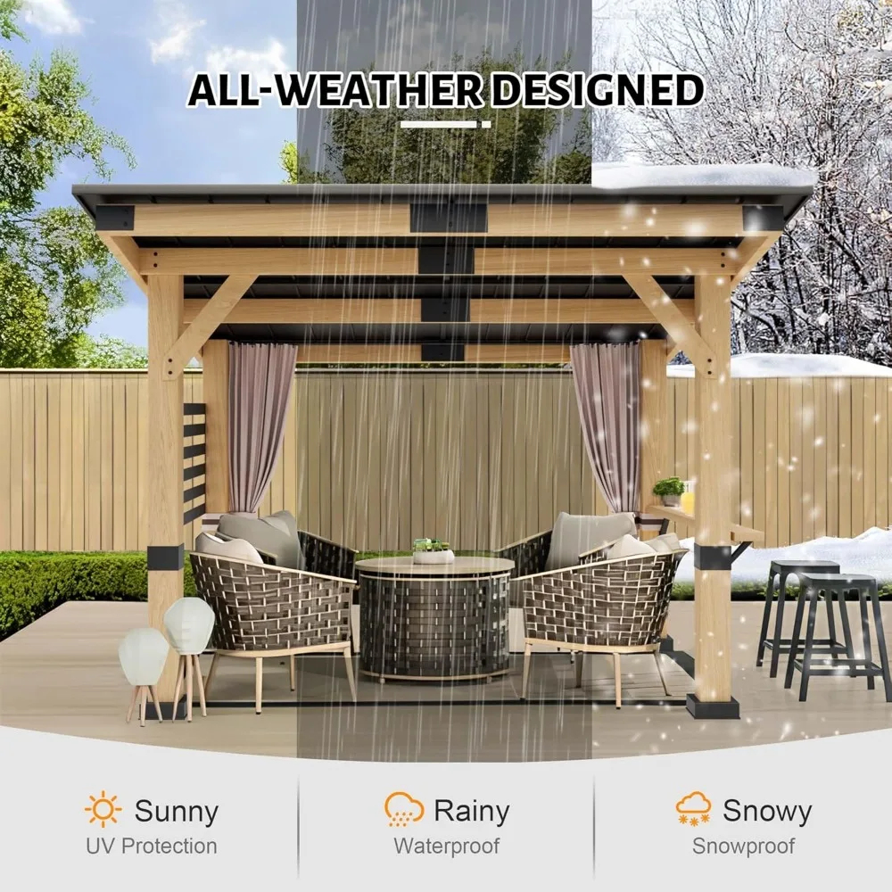 Wooden pavilion 10 'x 12', hardtop cedar pavilion with metal roof, outdoor wooden pavilion with curtains, suitable for backyard