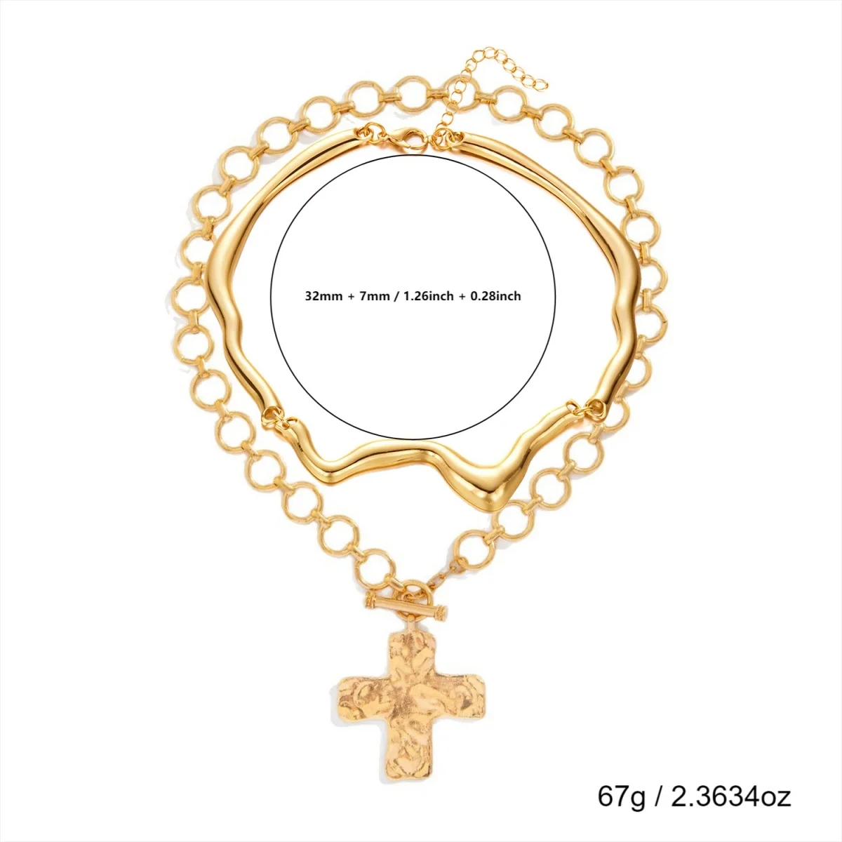 Kühle, schlichte, gewellte, texturierte Kreuzanhänger-Halskette mit doppelter Schicht für Damen und Herren, Retro-Hammerkreuz, ovale Kette, Choker-Schmuck – Detail 24