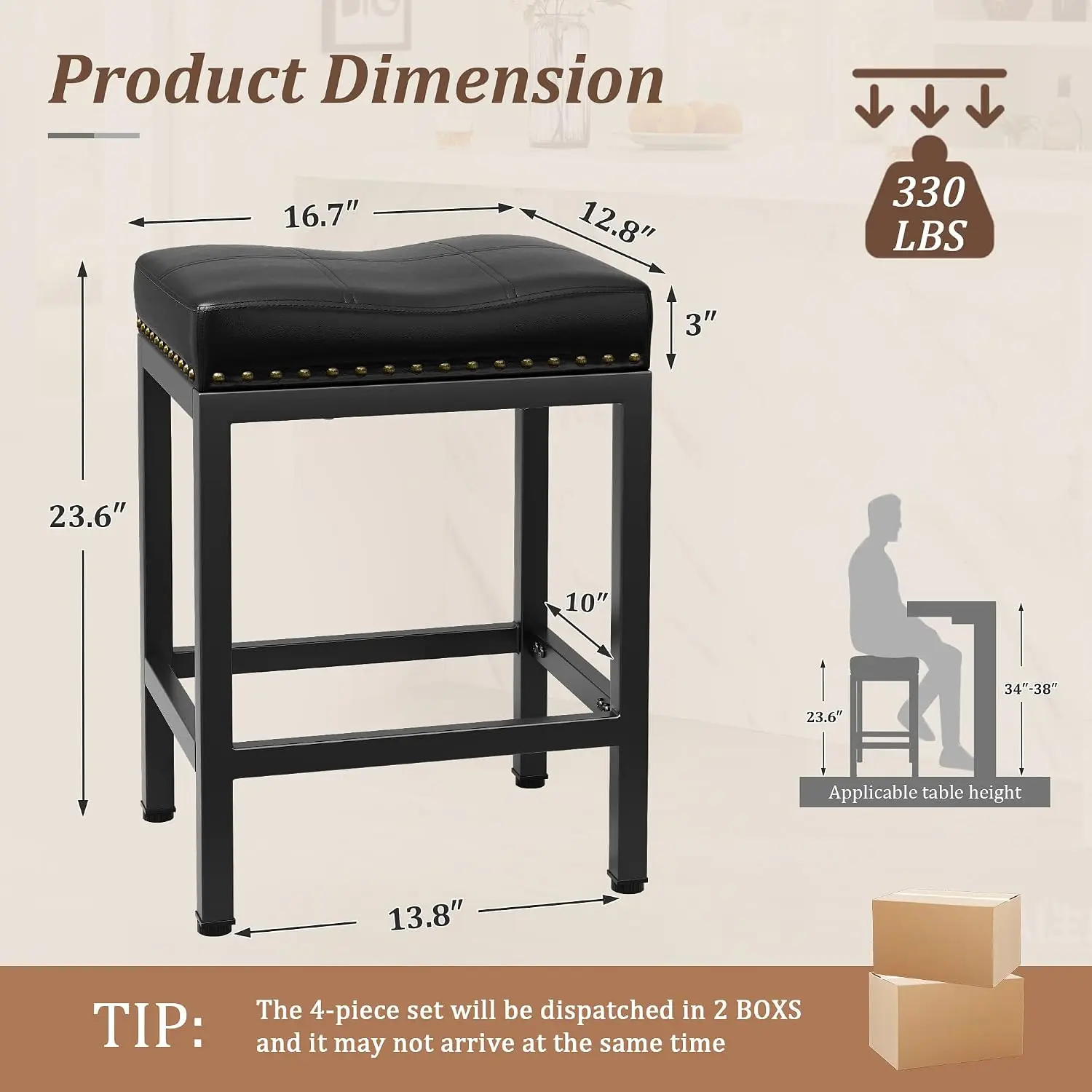 24 Inch Bar Stools Set of 2, Counter Height PU Leather Kitchen Chairs with Footrest & Metal Legs, Modern Backless Saddle Stools