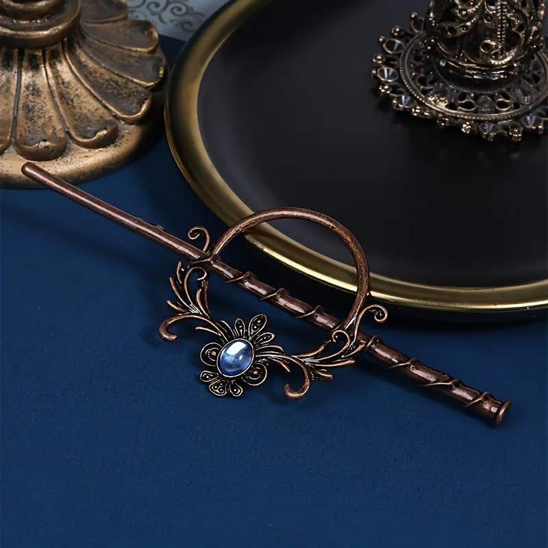 1-teiliger Haarstab im Vintage-Stil: Kupfer – getönt mit blauem Edelstein und verziertem Blumenmuster, perfekt für Boho- und Fantasy-Looks – Detail 1