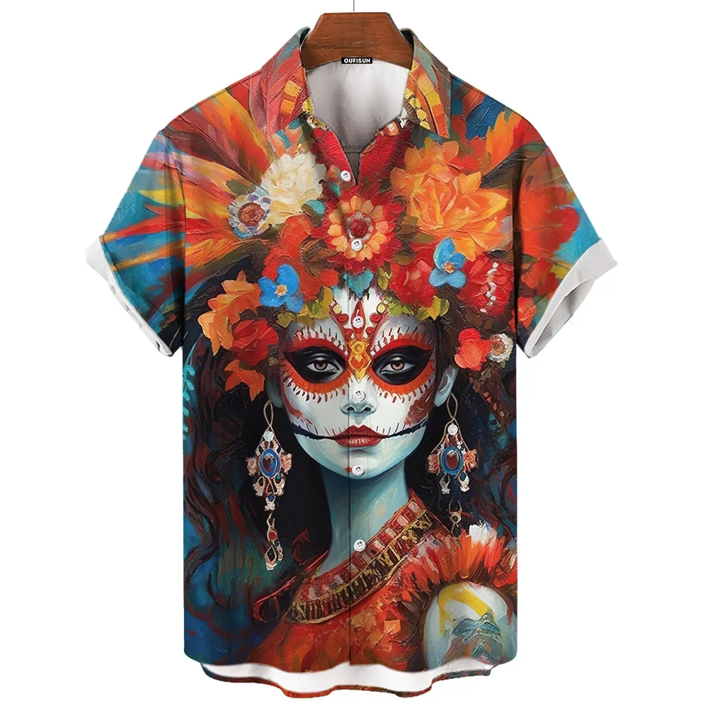 Day Of The Dead Shirt Skull Men's Shirts Skull Face 3d Print Short Sleeve Retro Loose Oversized Man Clothing Festival Clothing