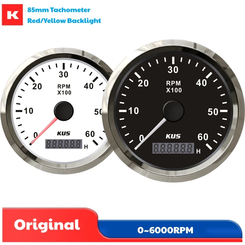 KUS 85mm 0-6000RPM Tachometers Gauges Pulse Signal Revolution Meters 0.5-250 Speed Ratio with Hourmeters 12v/24v for Car Boat