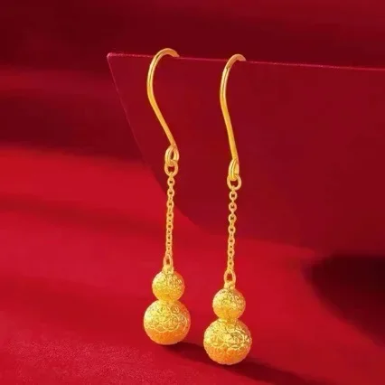 

New AU999 gold earrings for women long tassel real gold earrings leaf 24K ear hook gourd transfer bead earrings for lovers