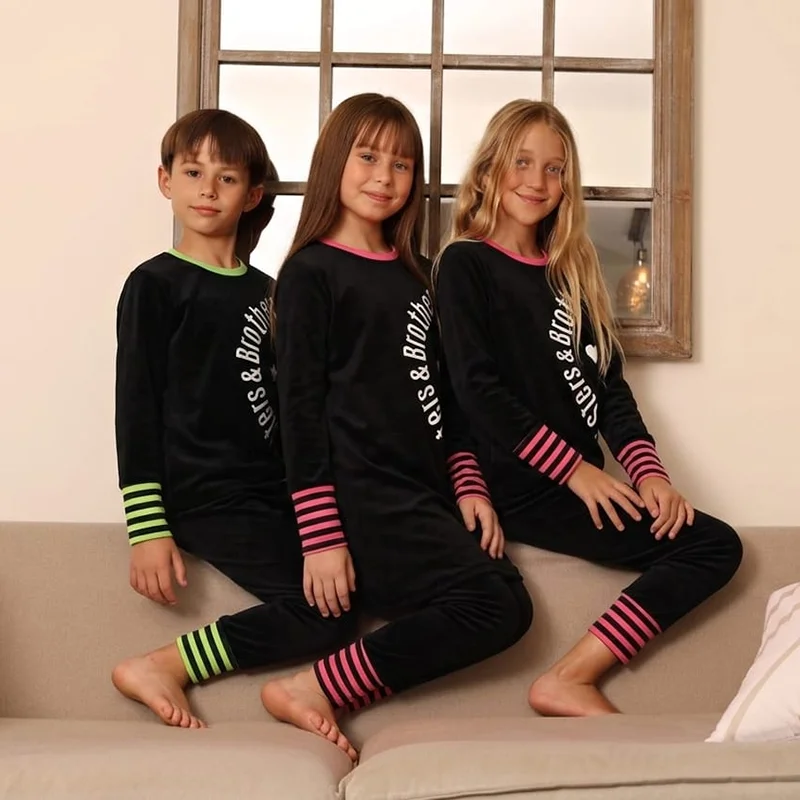 Autumn/Winter Children's Matching Set Siblings Black Velour Letters Print Boy And Girl Autumn Winter Comfortable Clothing