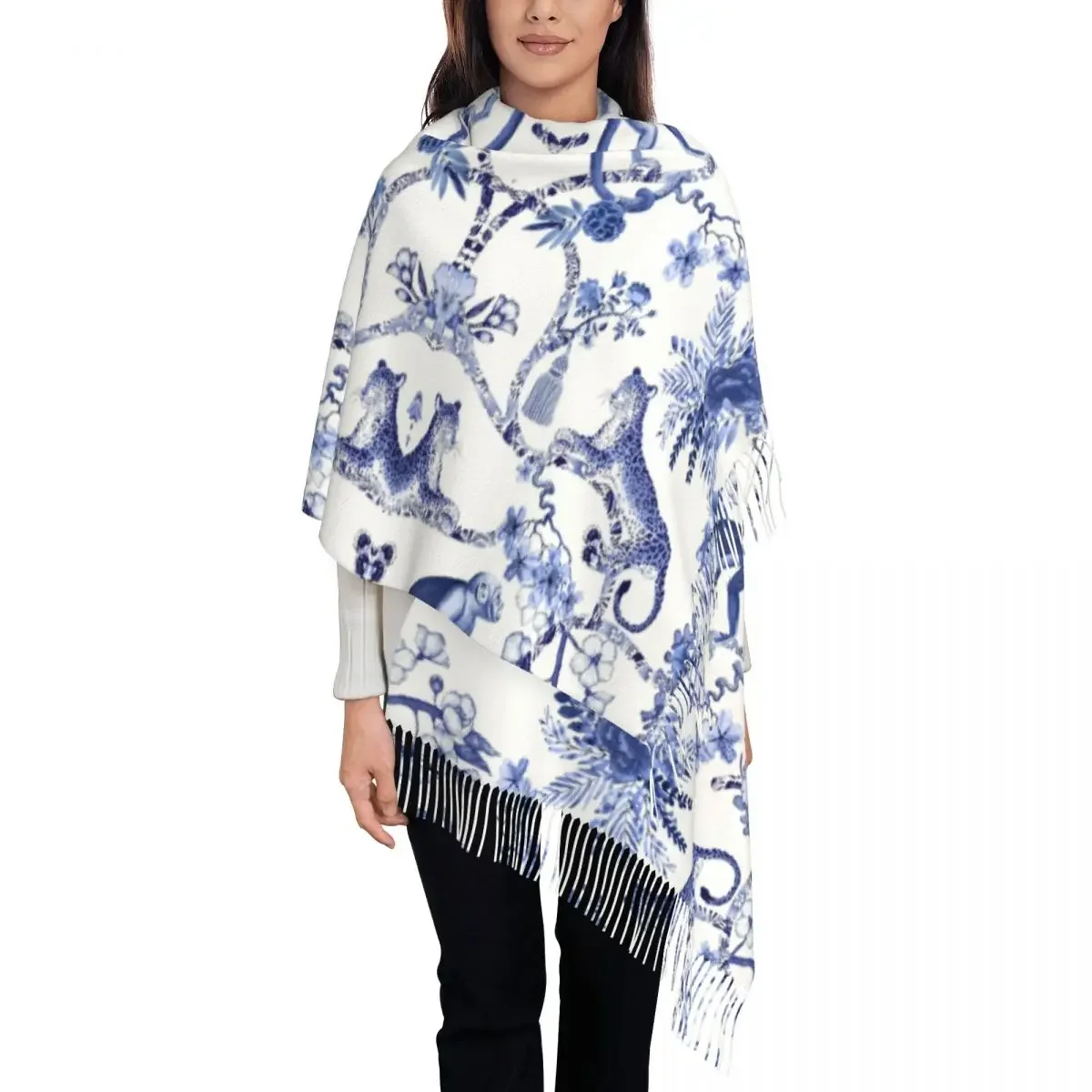 Playful Menagerie Blue And White Chinoiseire Pattern Scarf Women Luxury Winter Fall Shawl Wraps Porcelain Tassel 