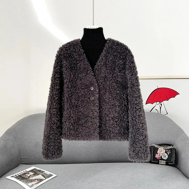 جديد الشتاء الخامس الرقبة قصيرة معطف فرو الضأن المرأة الكورية موضة الأغنام شيرلينغ معطف الصوف السيدات سترة فضفاضة غير رسمية T1659 #4